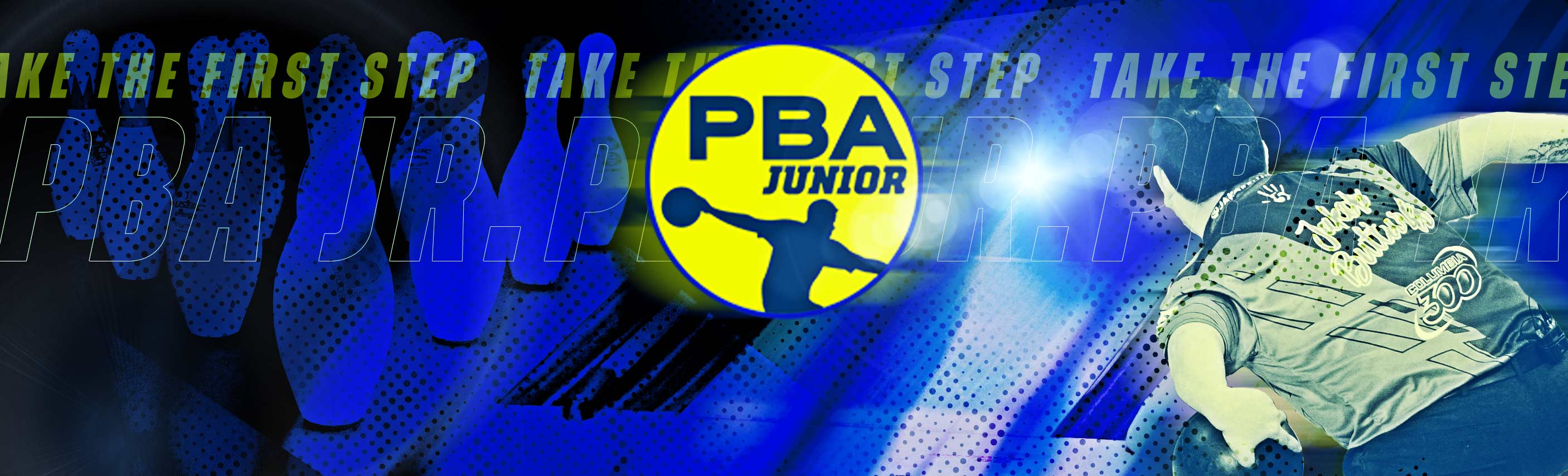 PBA Junior logo over a blue background with pins and a bowler taking a shot.