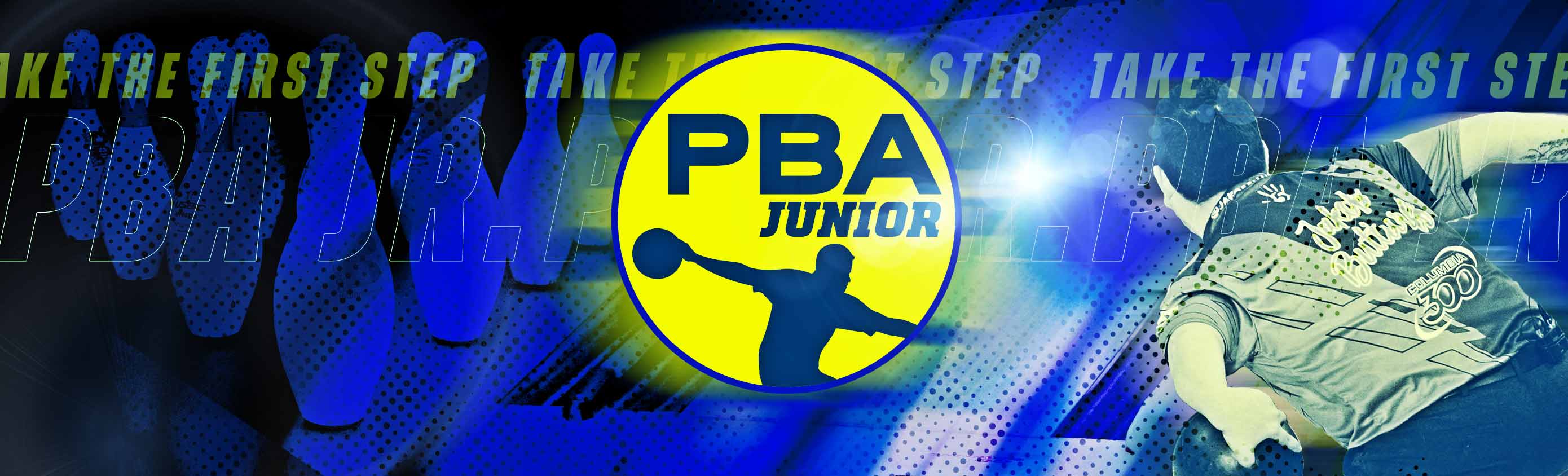 PBA Junior logo over a blue background with pins and a bowler taking a shot.