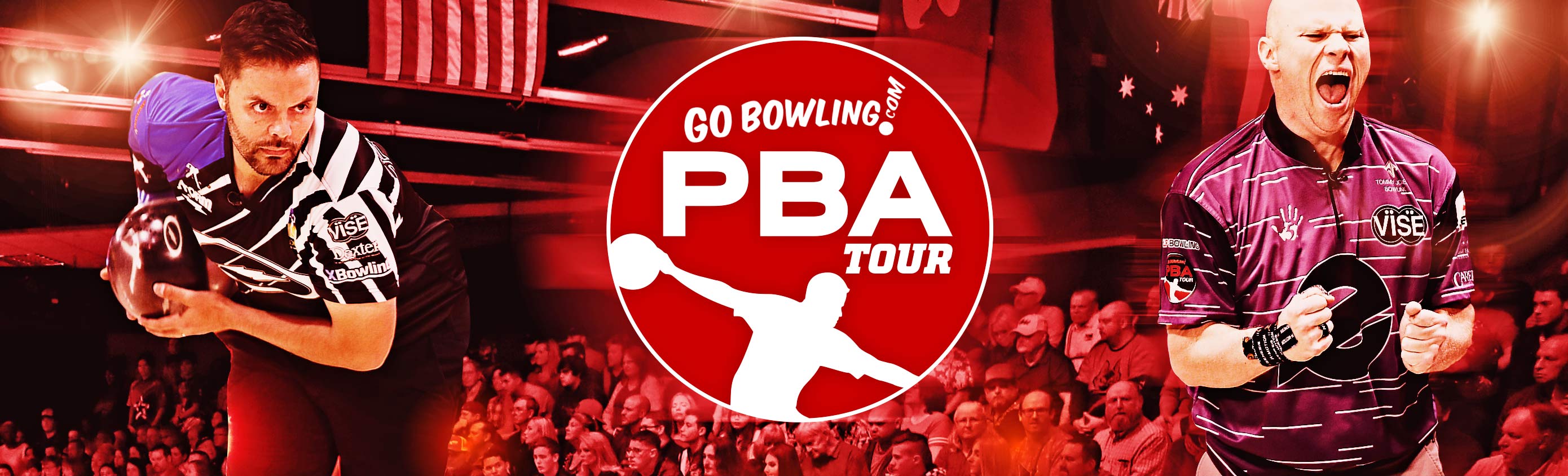 Jason Belmonte, PBA Tour logo, and Tommy Powers in from of lanes and an audience. 