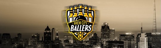 The Brew City Ballers team logo centered in front of Milwaukee skyline