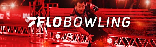 FloBowling logo in centered in front of a professional bowler taking his shot