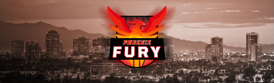 The Phoenix Fury team logo centered in front of the Phoenix Arizona skyline
