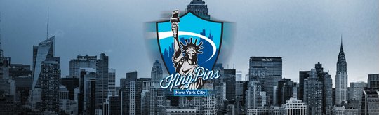 The Kingpins logo centered in front of the NYC skyline