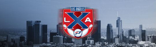 LAX team logo centered in front of the Los Angeles skyline