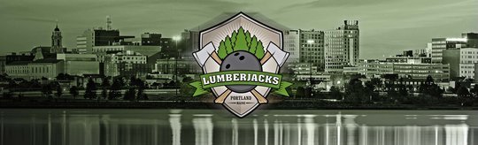 The Lumberjacks team logo centered in front of the Portland, Maine skyline