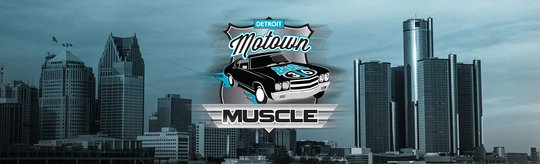 The Motown Muscle logo centered in front of the Detroit skyline