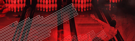A faded red image of a professional taking his shot facing the lanes with a graphical oil pattern overlay