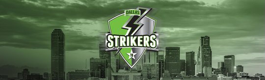 The Strikers logo centered in front of the Dallas skyline