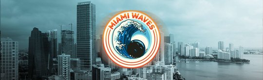 The Miami Waves team logo centered in front of the Miami coastline