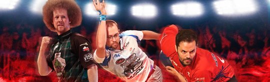 Kyle Troup, EJ Tackett and Jason Belmonte bowling in PBA league jerseys