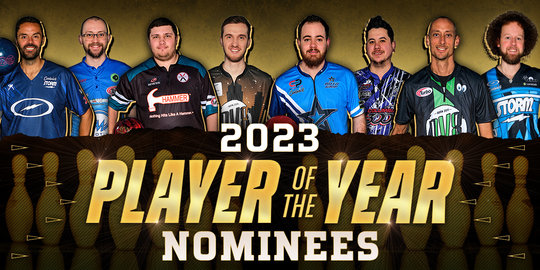 The nominees for the 2023 Chris Schenkel PBA Player of the Year award: Jason Belmonte, Jakob Butturff, Packy Hanrahan, Kevin McCune, Matthew Ogle, Anthony Simonsen, EJ Tackett, and Kyle Troup.