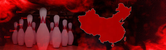 Bowling pins next to map with China highlighted