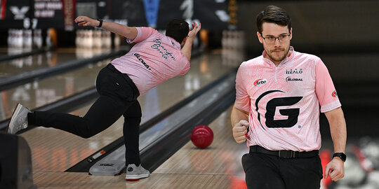 Split image: On left side: Brandon Bonta bowling, on right side: Brandon Bonta celebrating